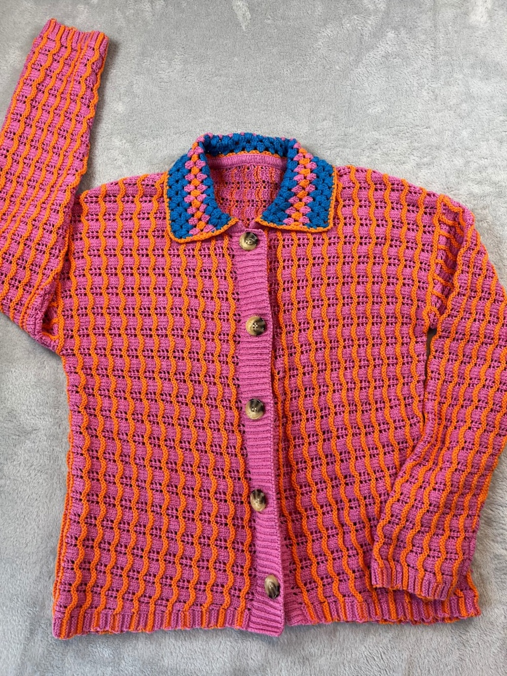 Vibrant BDG PInk & Orange Chunky Knit Cardigan Sweater Urban Outfitters - Picture 3 of 10